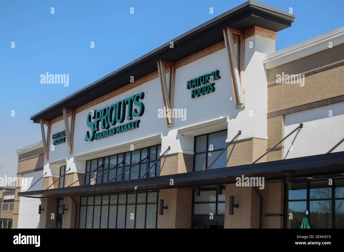 Augusta, Ga USA 03 04 21 Sprouts retail grocery store supermarket angled view of building
