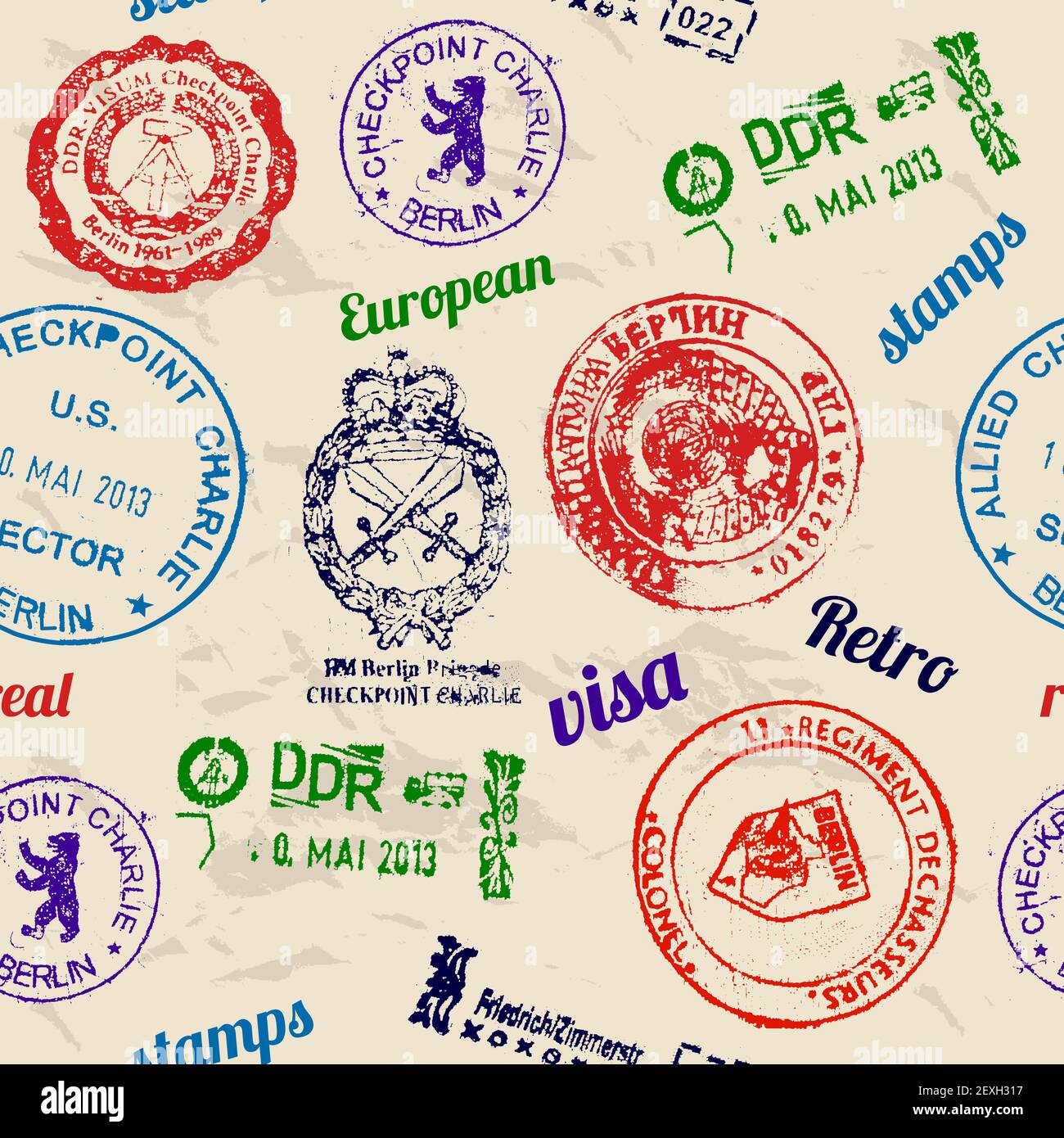 Seamless texture with real stamps. Stock Photo