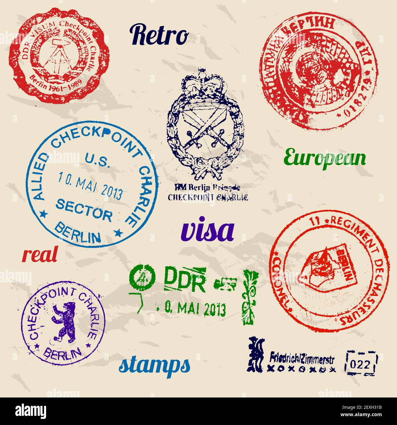 Set of real stamps from Berlin Wall. Stock Photo