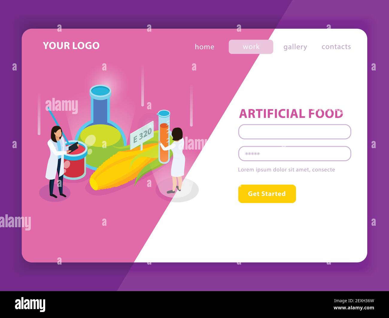 Artificial food with synthetic additives isometric web page with user account on white pink background vector illustration Stock Vector