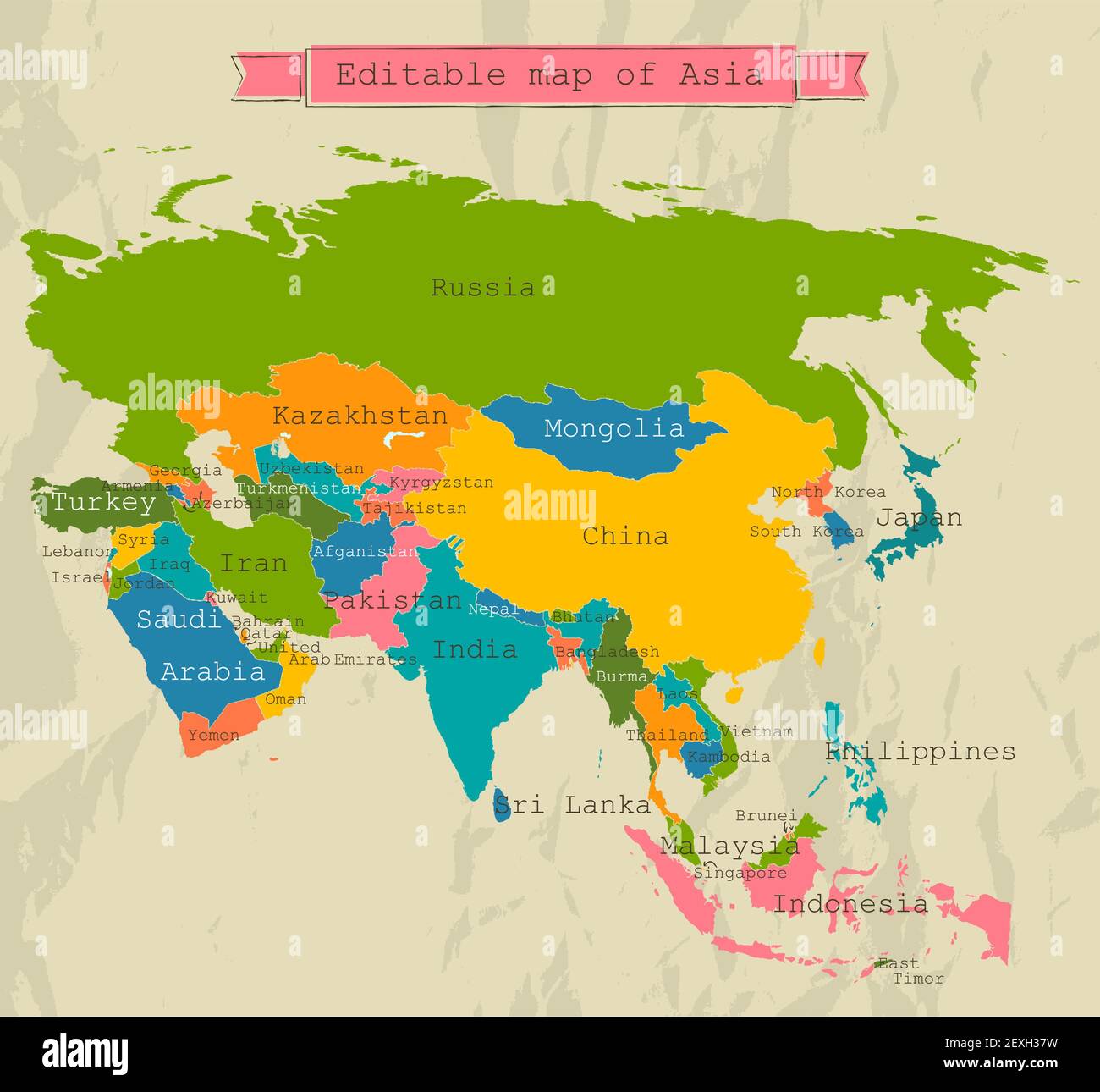 Editable Asia map with all countries. Stock Photo
