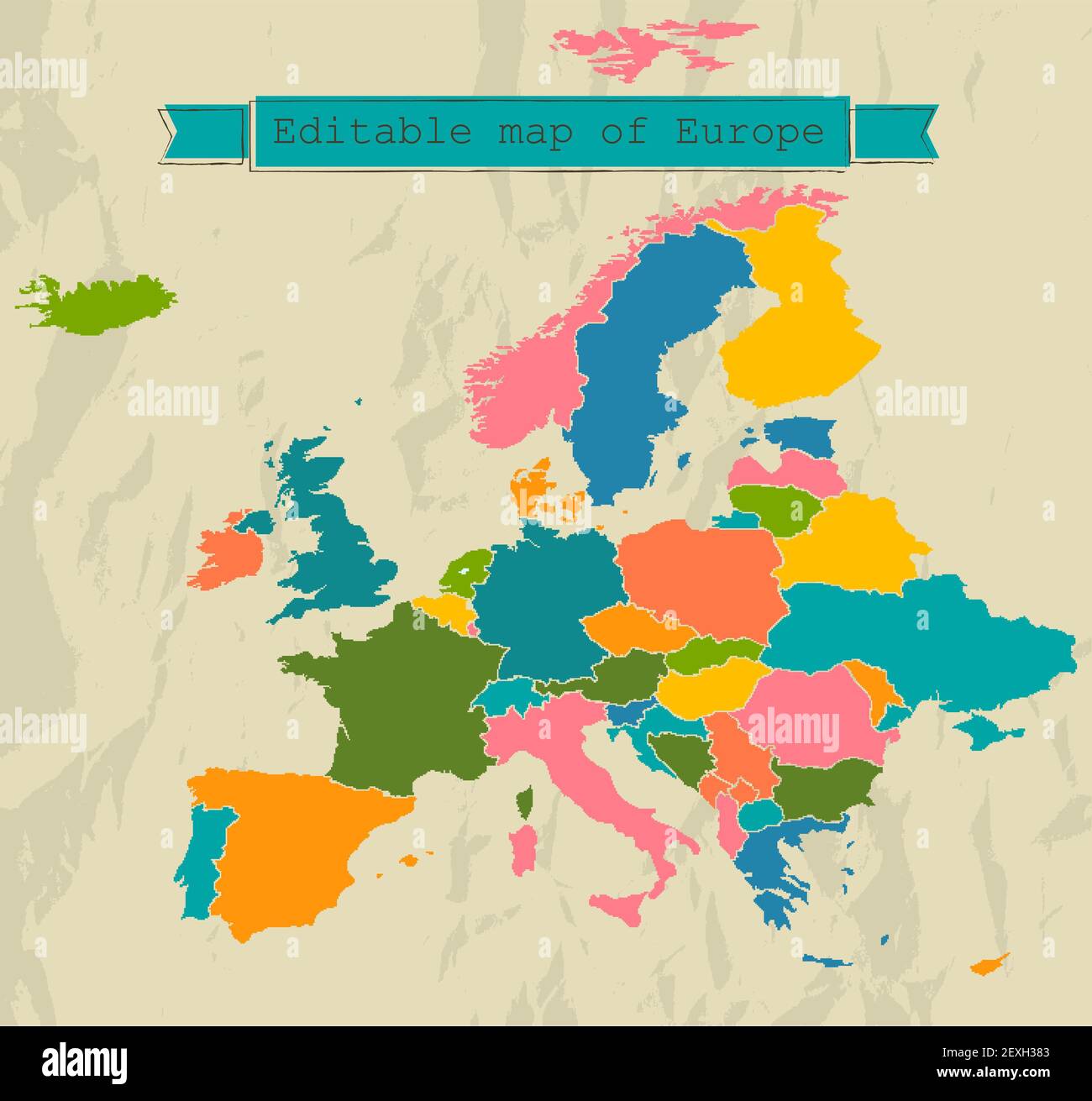 Editable map of Europe with all countries. Stock Photo