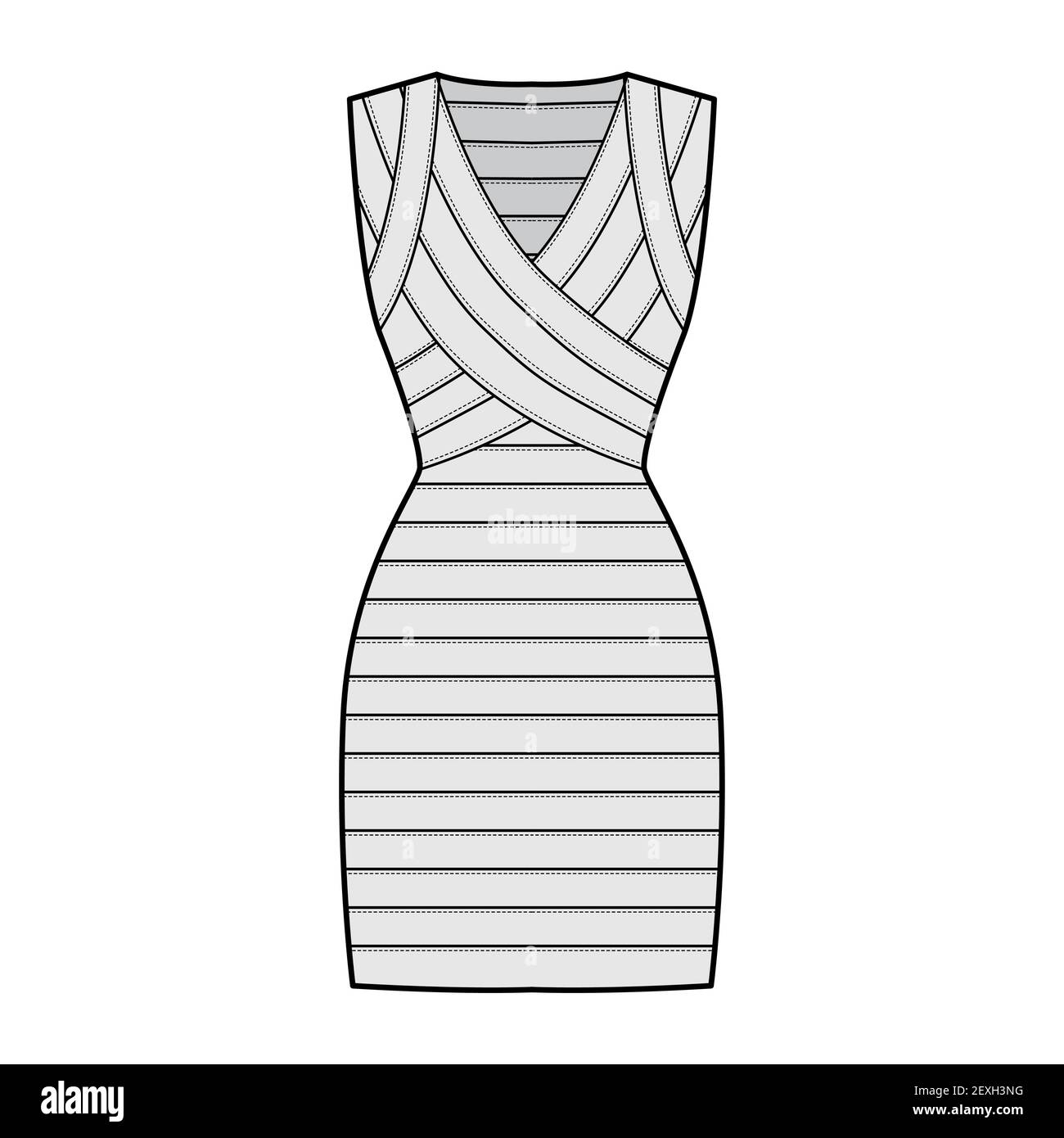 Bandage dress technical fashion illustration with V-neck, sleeveless,  fitted body, elasticated, knee length, pencil cut. Flat apparel template  front, grey color style. Women, men unisex CAD mockup Stock Vector Image &  Art -