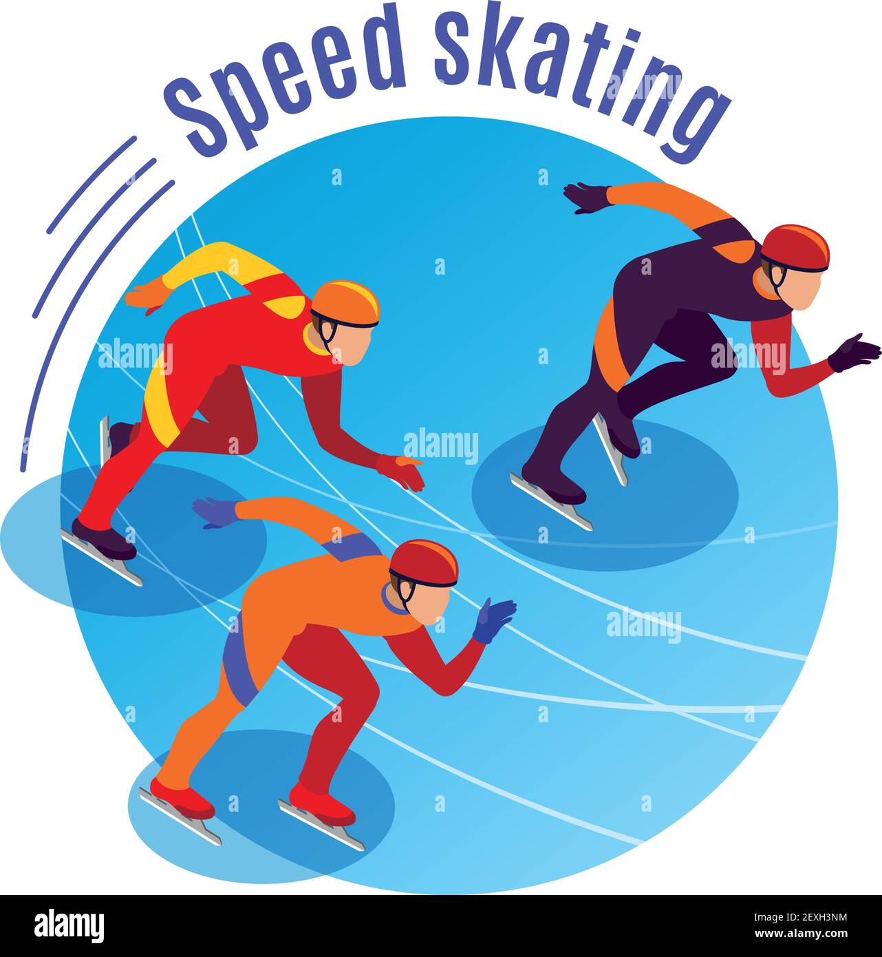 Speed skating round background with three sportsmen competing on treadmill isometric vector illustration Stock Vector