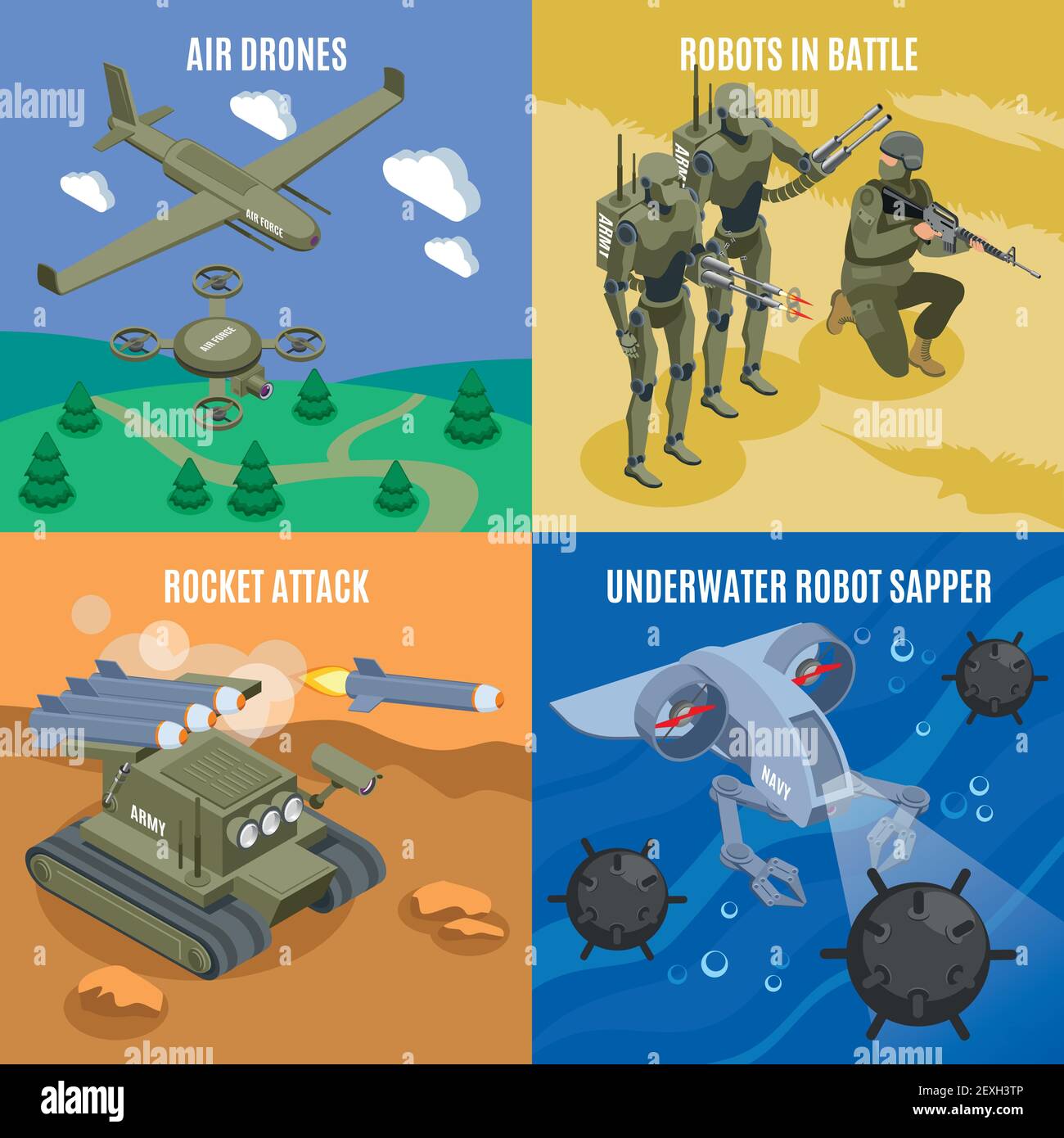 Military robots in battle 2x2 design concept with air drones rocket attacks  underwater robot sapper isometric icons vector illustration Stock Vector  Image & Art - Alamy
