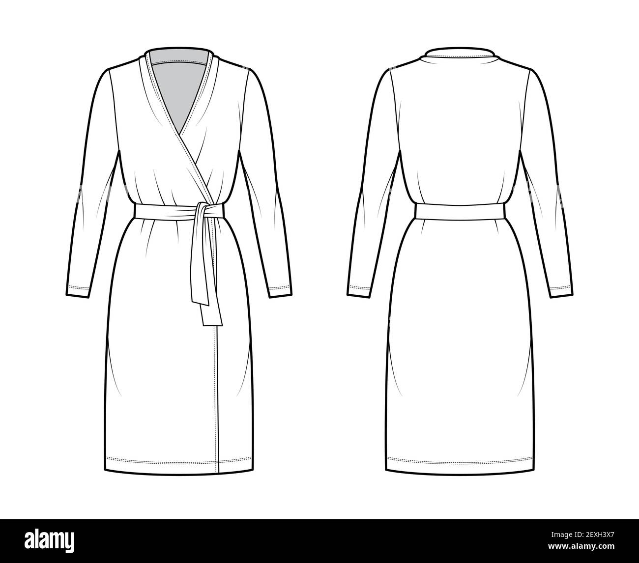 Wrap dress technical fashion illustration with deep Vneck, long Wrap dress technical fashion illustration with deep Vneck, long