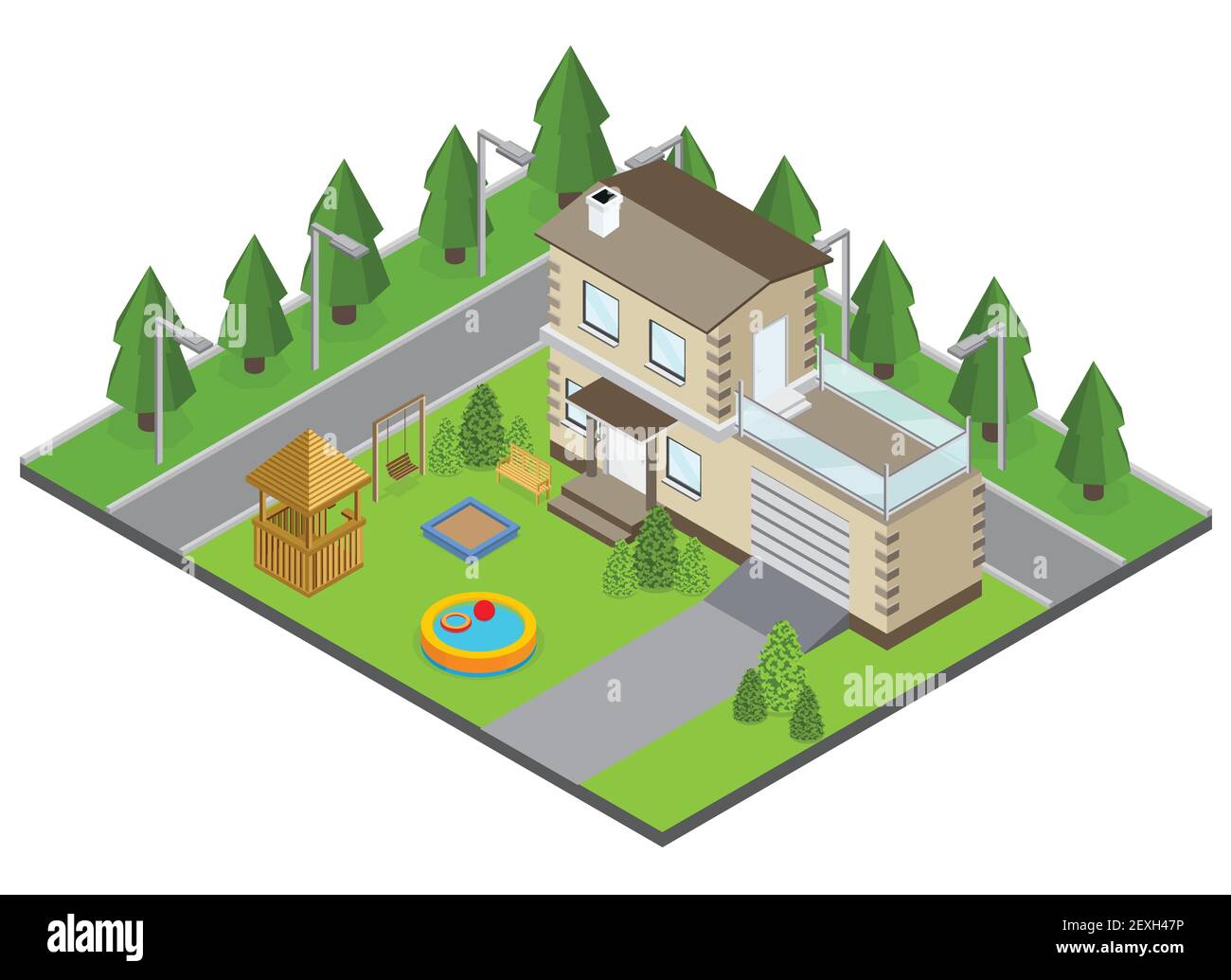 Country building with backyard swimming pool and street isometric vector illustration Stock Vector