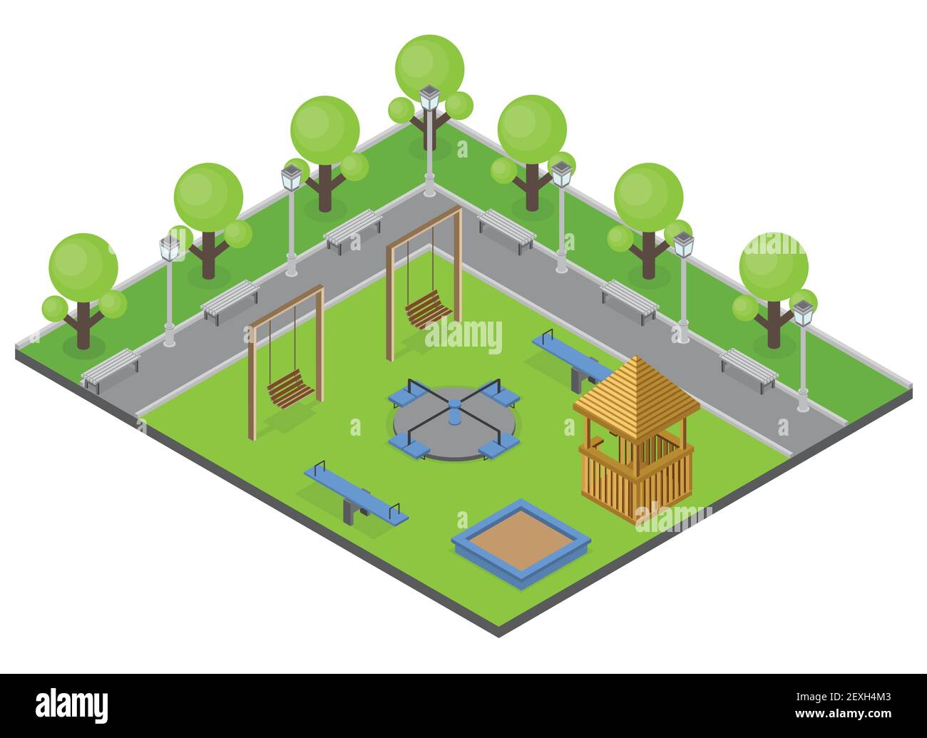 Suburbia park concept with trees benches and playground isometric ...
