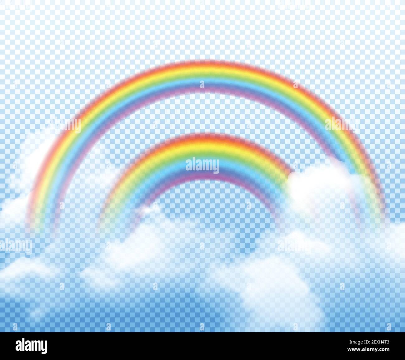 Double rainbow from different semi circles with white clouds realistic composition on transparent background vector illustration Stock Vector