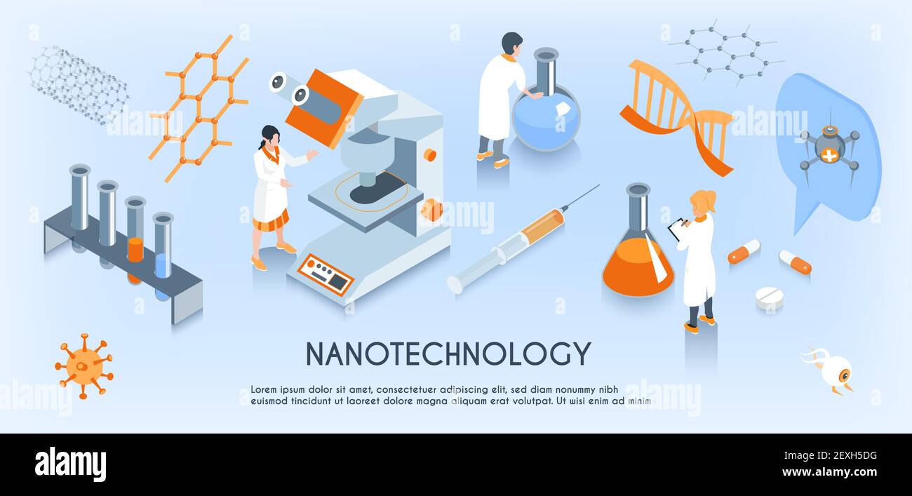 Colored isometric nanotechnology horizontal composition with scientist work in the laboratory vector illustration Stock Vector
