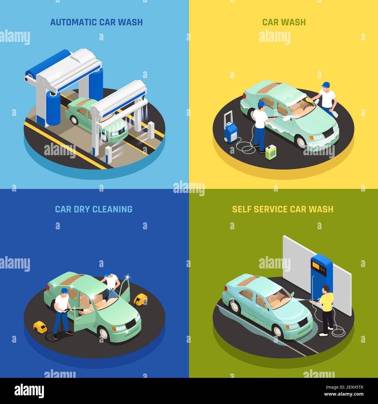 Carwash concept icons set with self service car wash symbols isometric ...