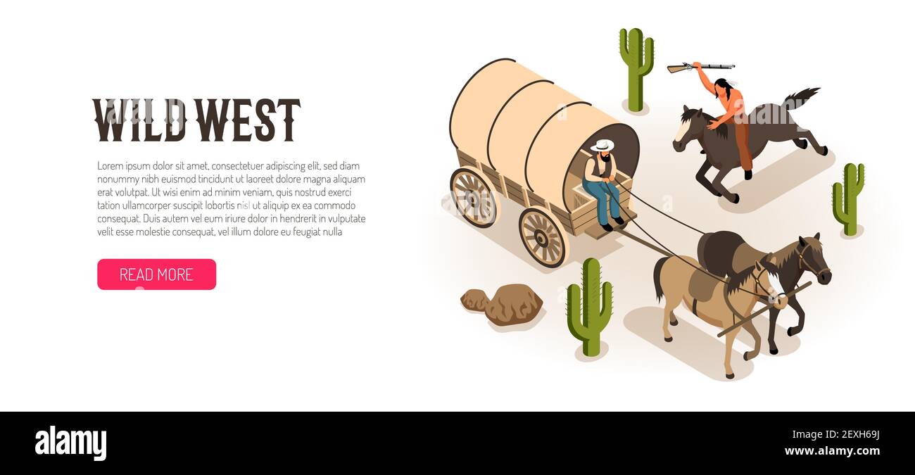 Cowboy in wagon and american indian on horseback with rifle isometric horizontal banner white background vector illustration Stock Vector