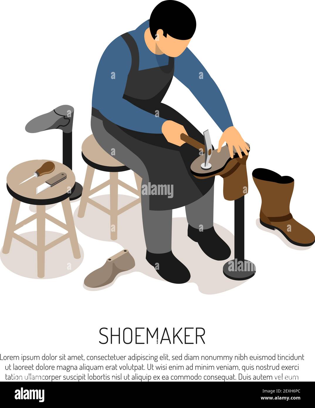 Shoe maker with professional tools at work shop isometric vector