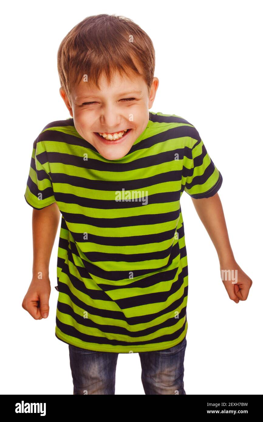Young teenage boy in green t-shirt fun carefree laugh isolated o Stock Photo