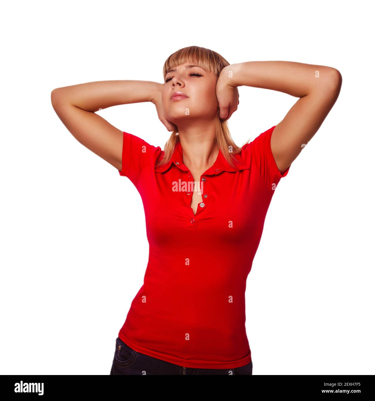 Woman girl experiencing headaches, stress and depression, holdin Stock Photo