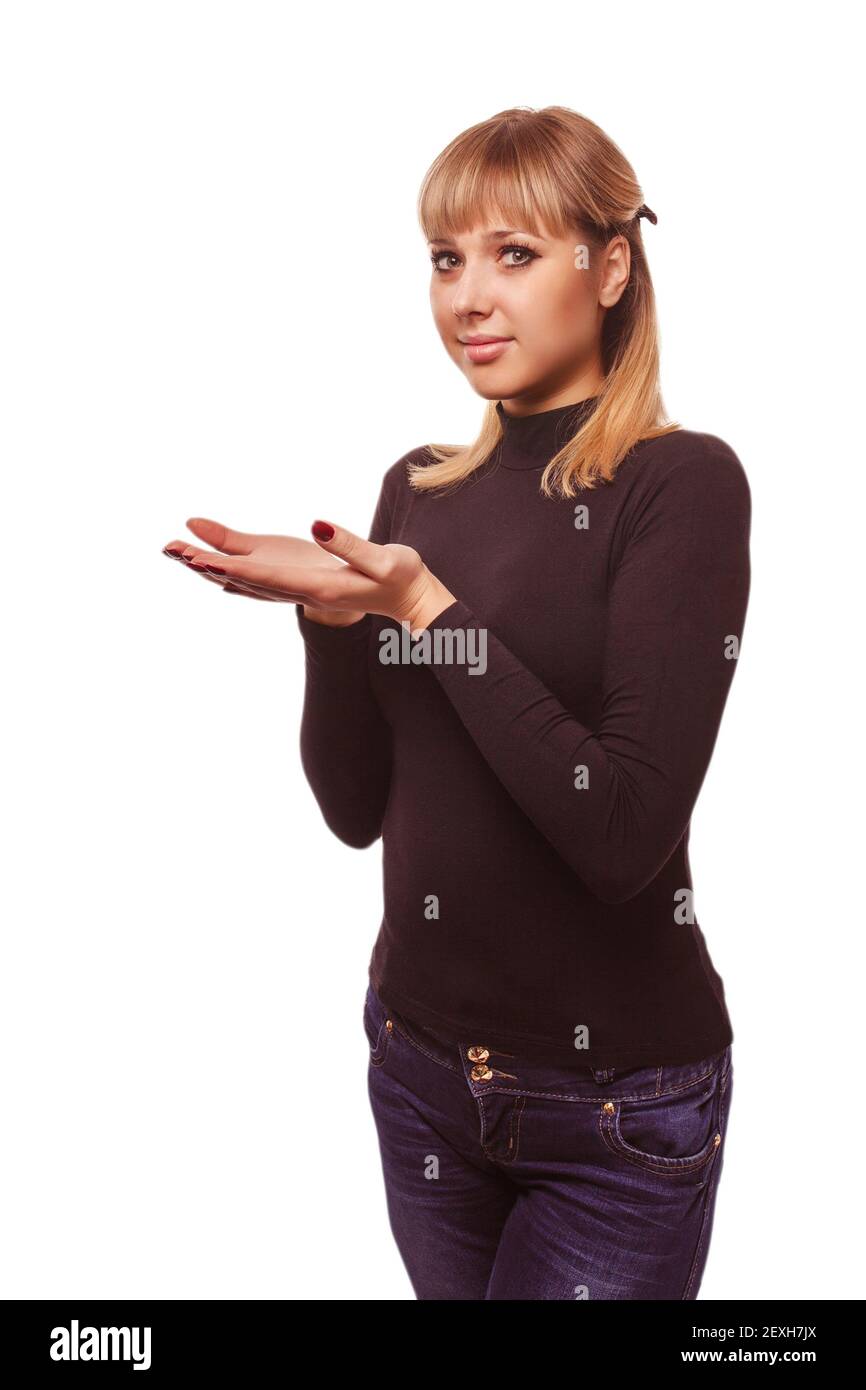 Portrait young happy blond woman showing open hand holding black Stock Photo