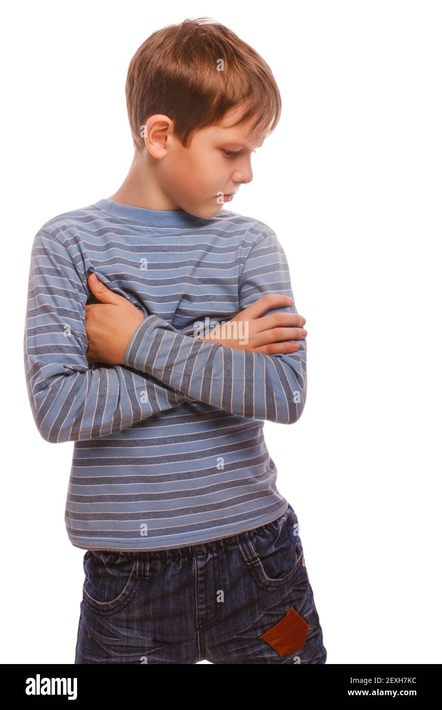 Portrait sad child upset offended boy looking to the side in a s Stock Photo