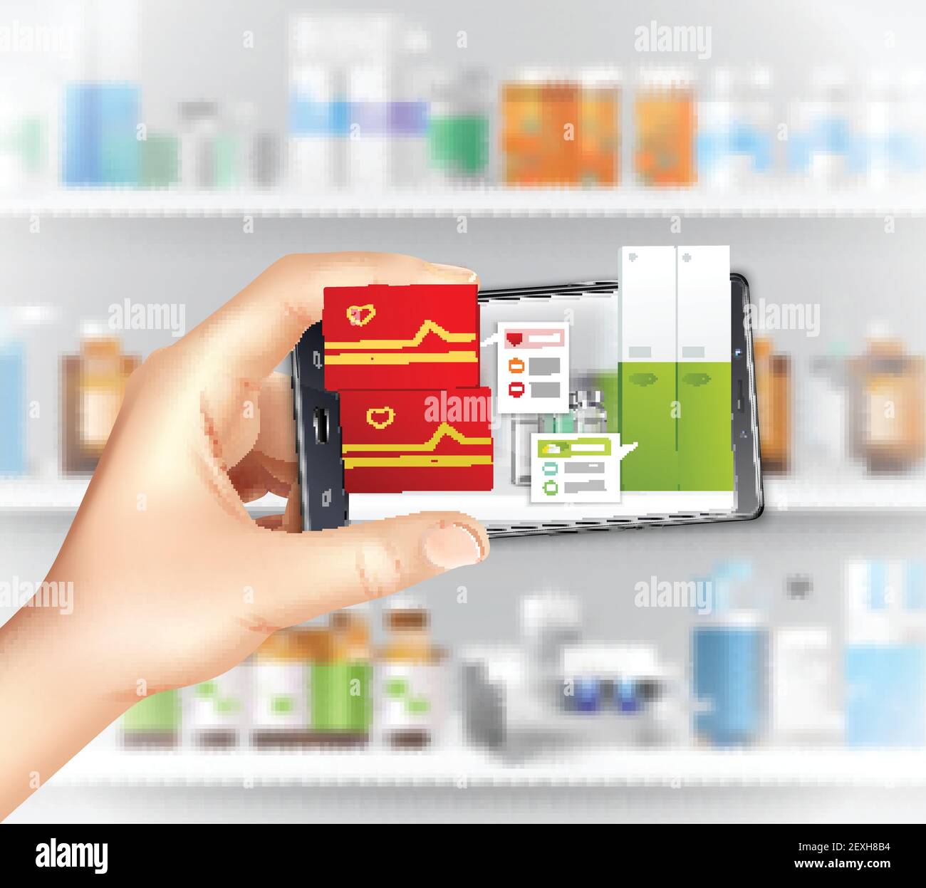 Virtual and augmented reality apps in medicine realistic composition with holding smartphone hand choosing medication vector illustration Stock Vector