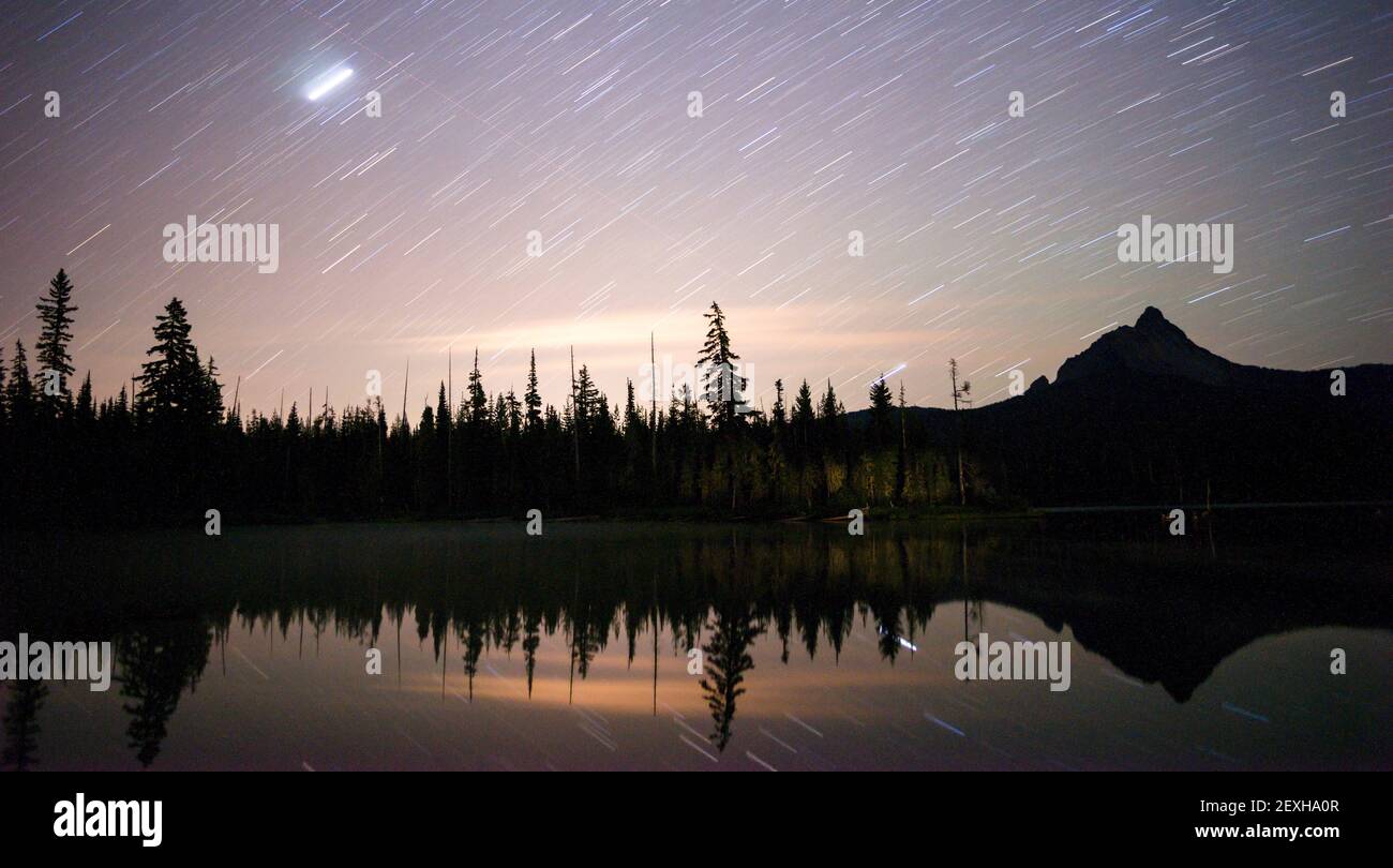 Late Night Star Trails Oregon Mountain Lake Landscape Long Exposure Stock Photo