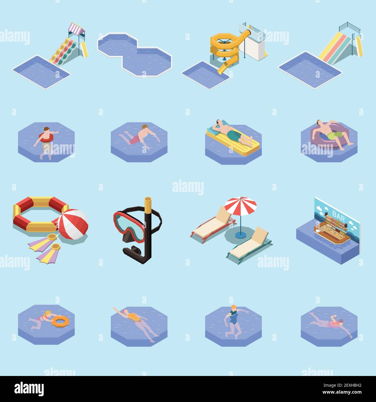 Water park aquapark isometric set with sixteen isolated images of swimming people waterslides and sun loungers vector illustration Stock Vector