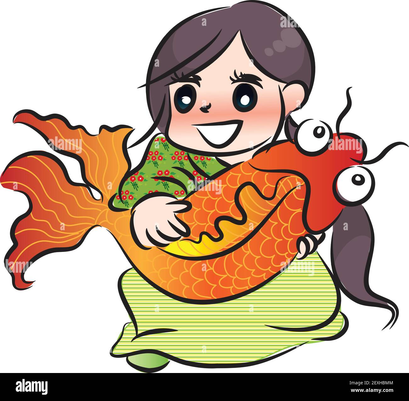 vector cartoon longhair girl catch big fish Stock Vector Image & Art - Alamy