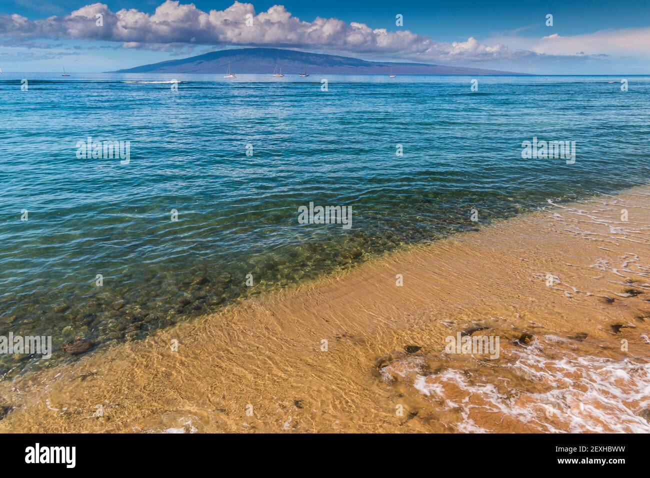 The Island of Lanai Across the Clear Water of Lahaina Bay, Lahaina, Maui, USA Stock Photo