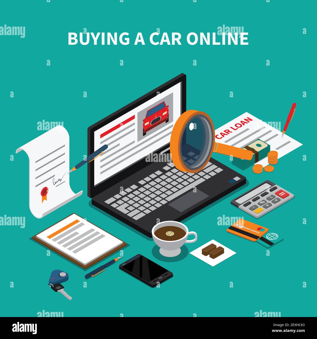 Car dealership isometric composition with text and desktop elements papers and laptop with online automobile store vector illustration Stock Vector