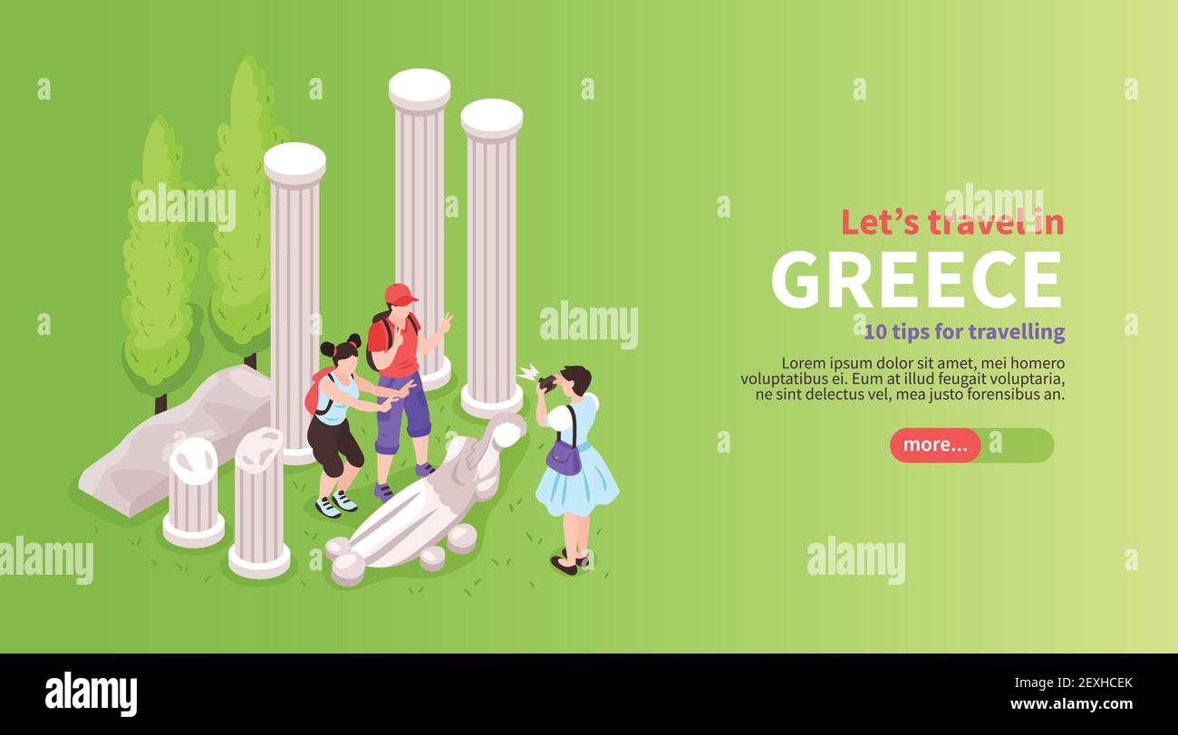 Greece tours trips activities online planner isometric website horizontal banner with tourists visiting temple ruins vector illustration Stock Vector