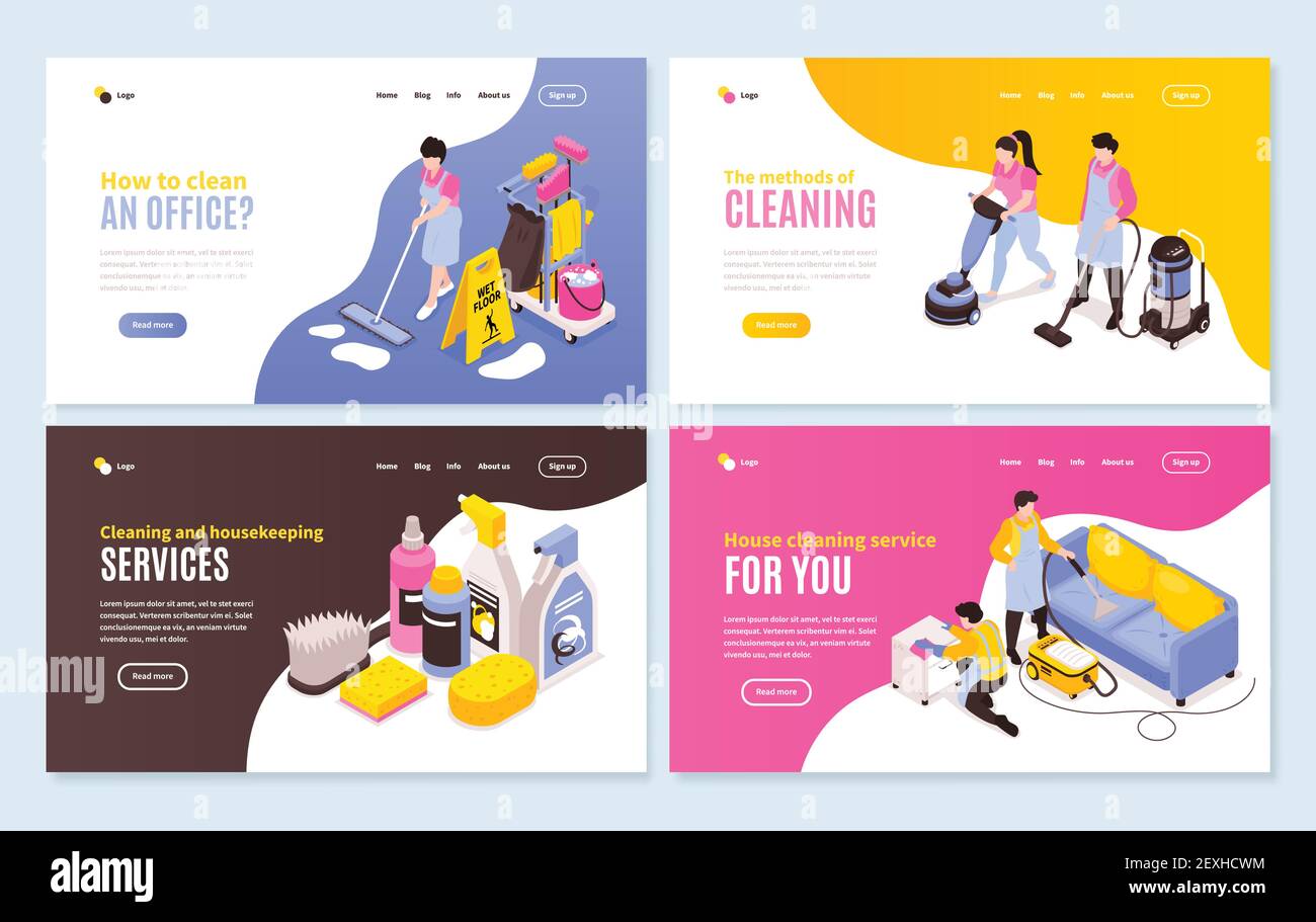Isometric cleaning service horizontal banners collection with four web ...