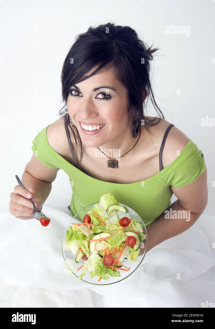 Wholesome Brunette Woman Eats Fresh Food Salad Lunch Stock Photo