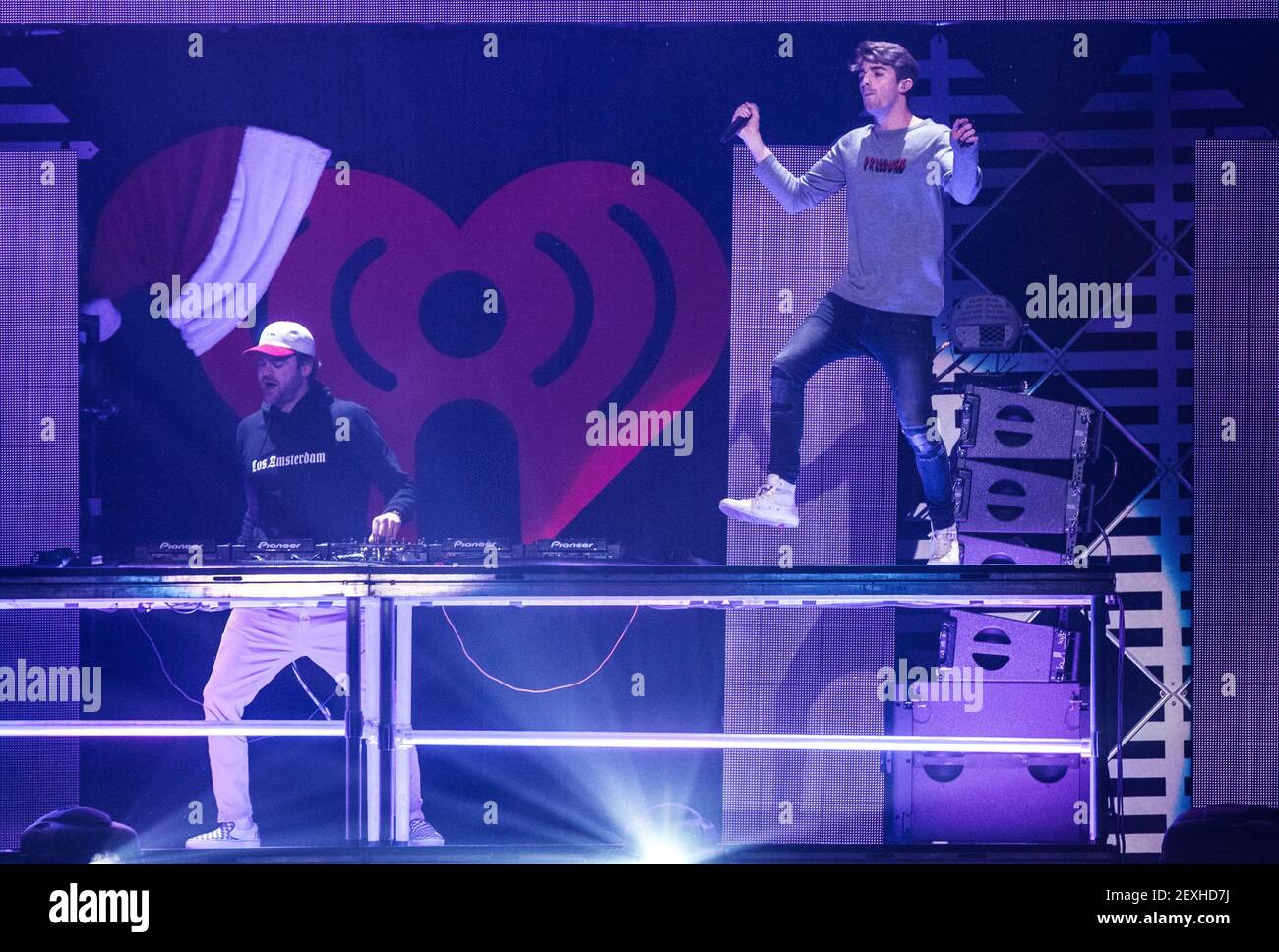 DJ/Producers Andrew Taggart and Alex Pall aka The Chainsmokers perform during the WiLD 94.9 iHeartRadio Jingle Ball at SAP Center on December 1, 2016 in San Jose, California.(Photo by Chris Tuite/ImageSPACE) *** Please Use Credit from Credit Field *** Stock Photo