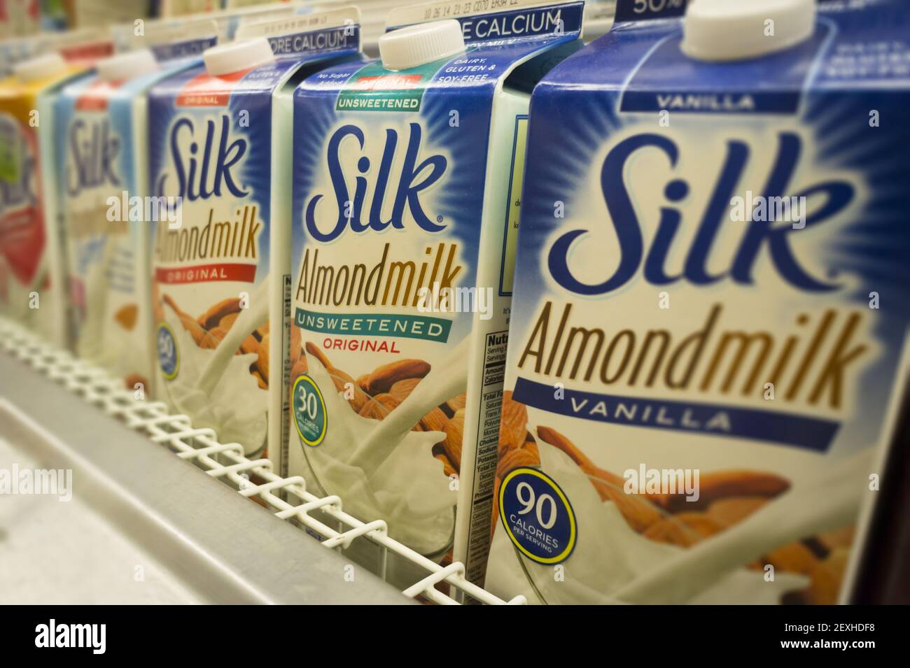 Containers of Silk brand almond milk are seen in a supermarket in New