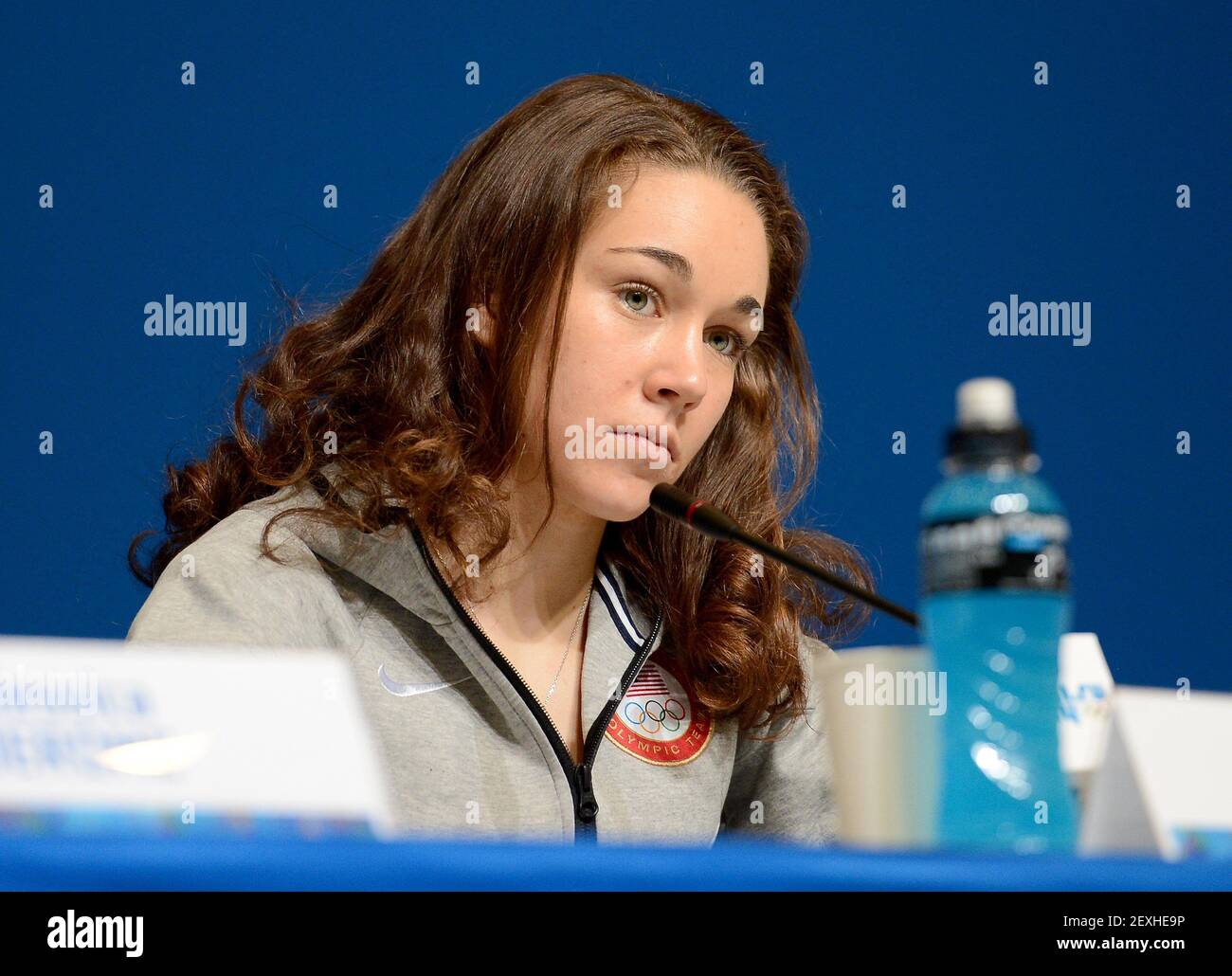 USA ski jumper Sarah Hendrickson listens to a question during a news conference in the Main Media Center at the Winter Olympics in Sochi, Russia on February 7, 2014. (Photo by Chuck Myers/TNS/Sipa USA) Stock Photo