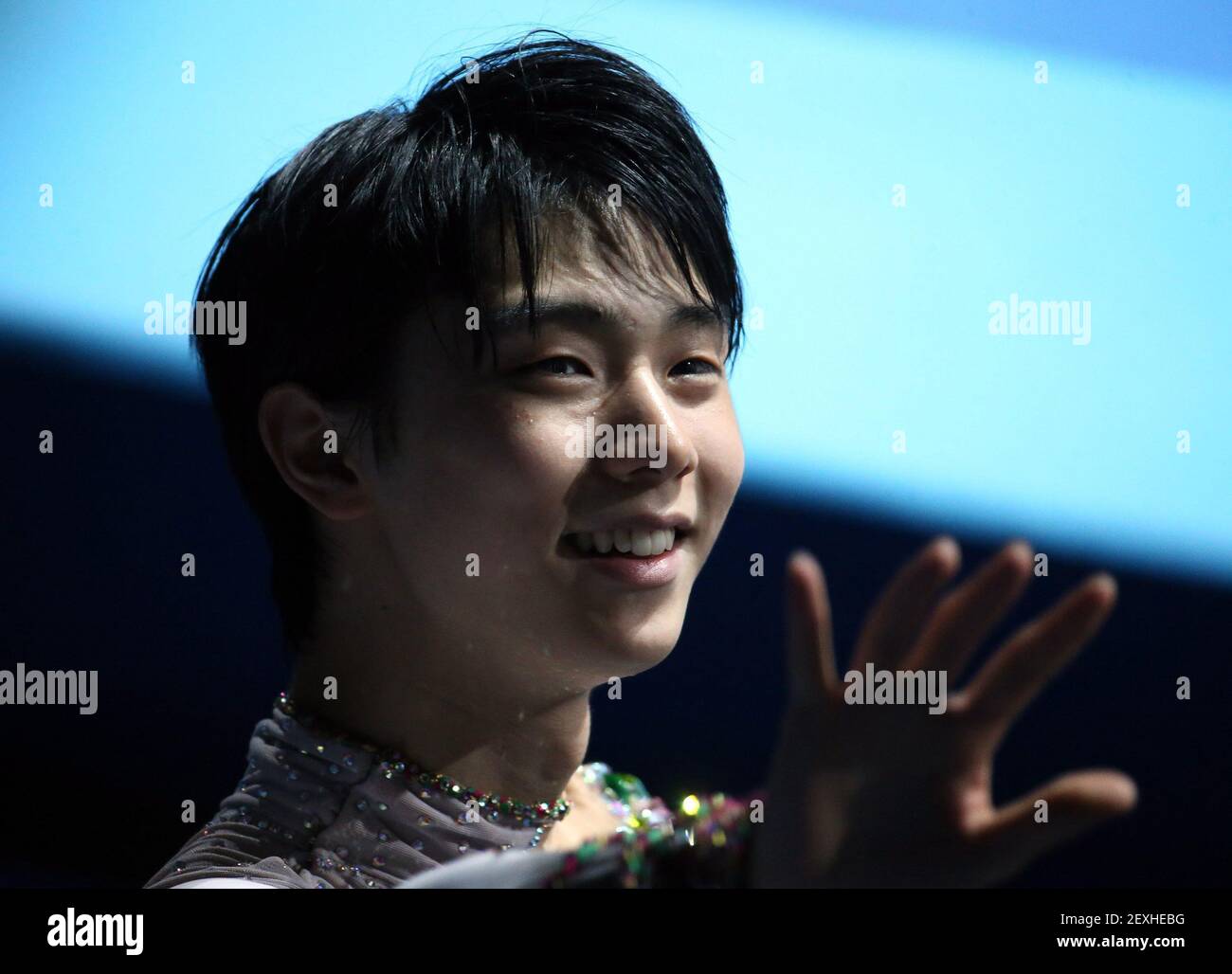 Yuzuru Hanyu, of Japan, celebrates after winning the gold medal in men's figure skating at the Iceberg Skating Palace during the Winter Olympics in Sochi, Russia, Friday, Feb. 14, 2014. (Photo by Brian Cassella/Chicago Tribune/TNS/Sipa USA) Stock Photo