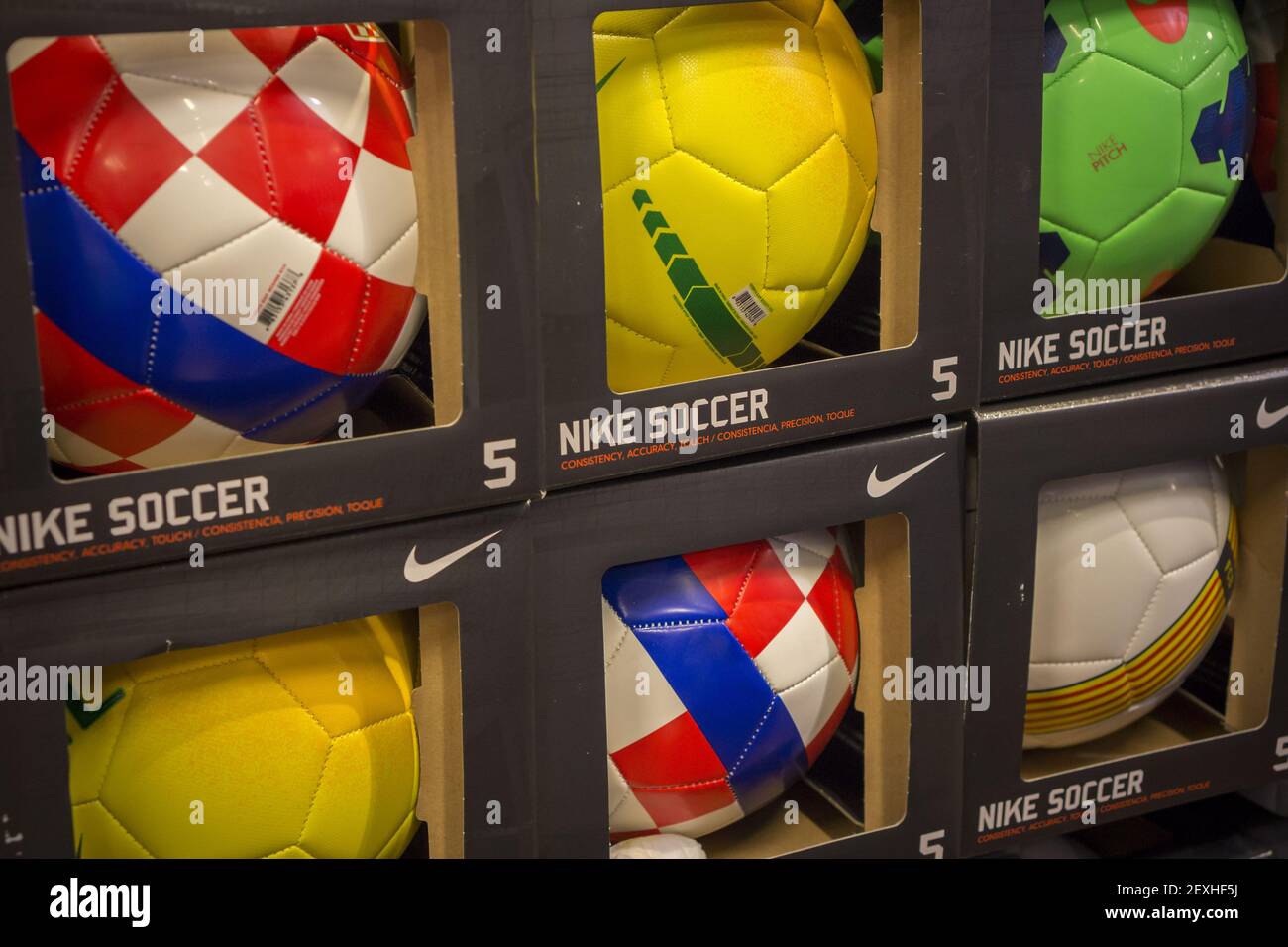 Nike football (soccer) merchandising items in New York on Tuesday, June 3,  2014. Nike announced that it is monitoring the situation related to the  accusations against their endorser, Cristiano Ronaldo, by a
