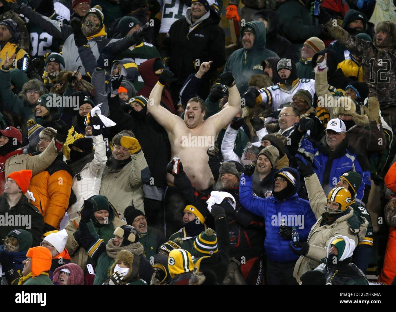 Despite the chilly temperatures, a football fan shows off to television  cameras during the San Francisco 49ers game against the Green Bay Packers  of their NFC wild-card playoff game at Lambeau Field