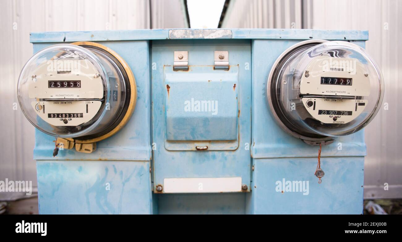 Dual Glass Dome Watt Hour Electric Utility Meters Dock Outside Stock