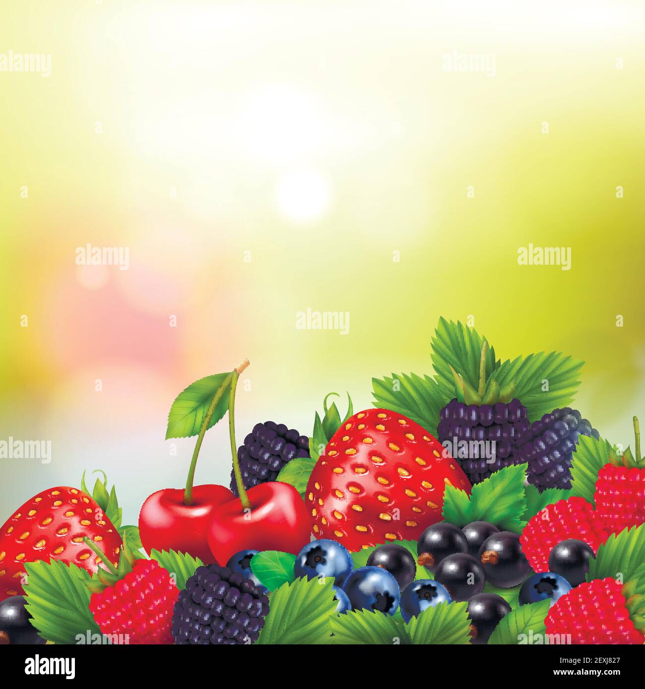 Berry fruit realistic blurred background with pile of berries and ripe ...