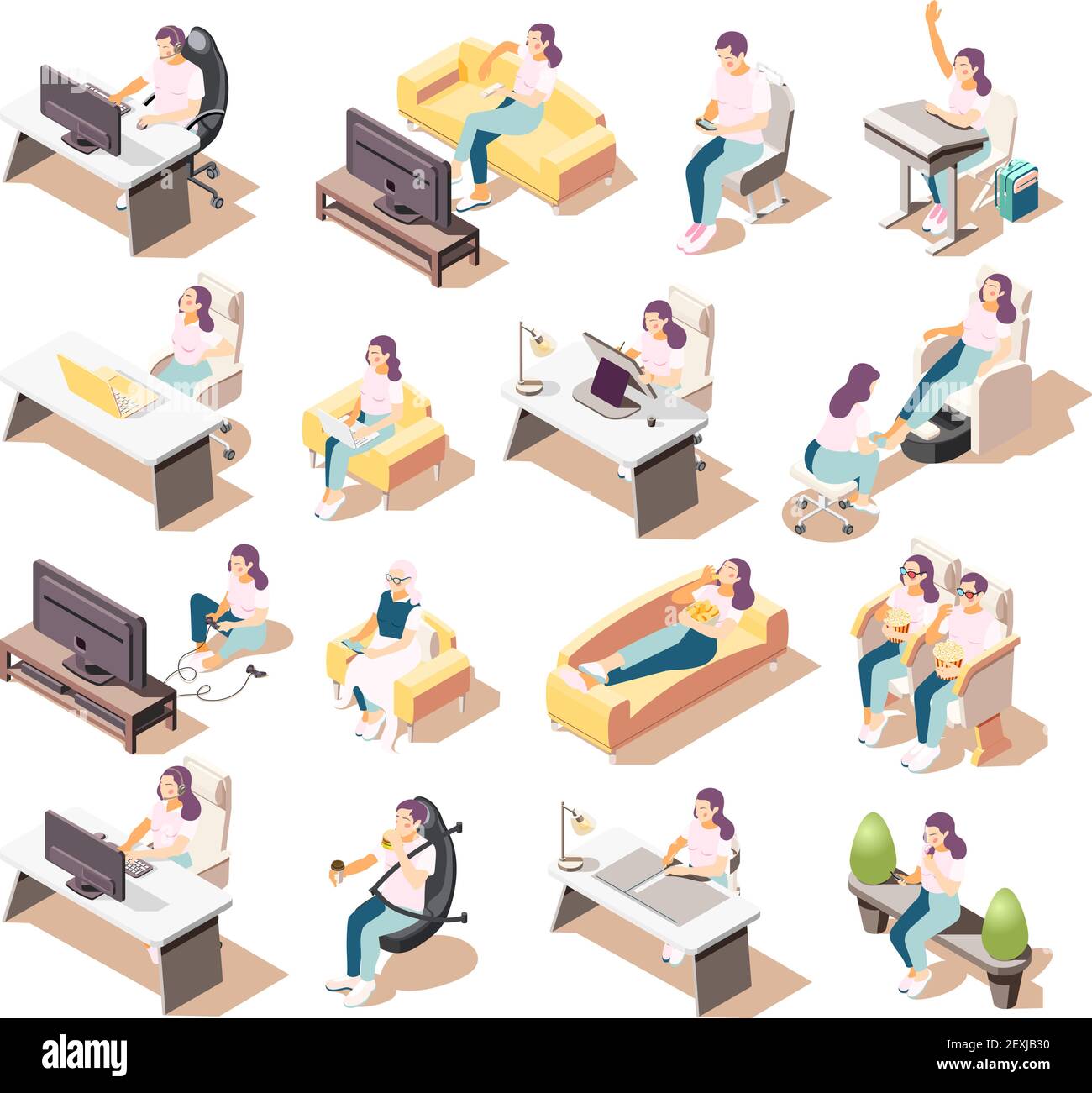 Set of isolated sedentary lifestyle isometric icons of people sitting ...