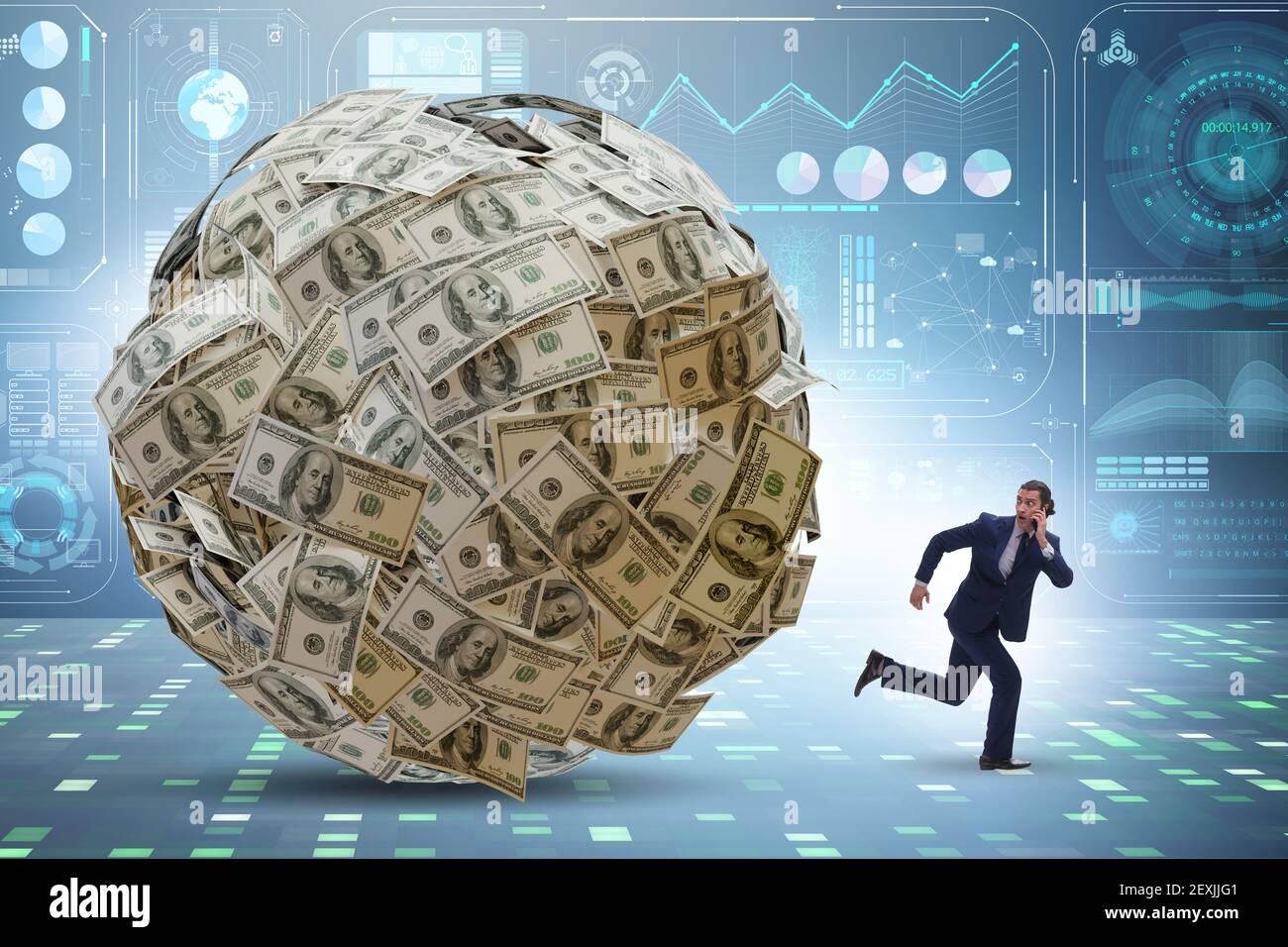 Businessman running away from the dollar ball Stock Photo - Alamy