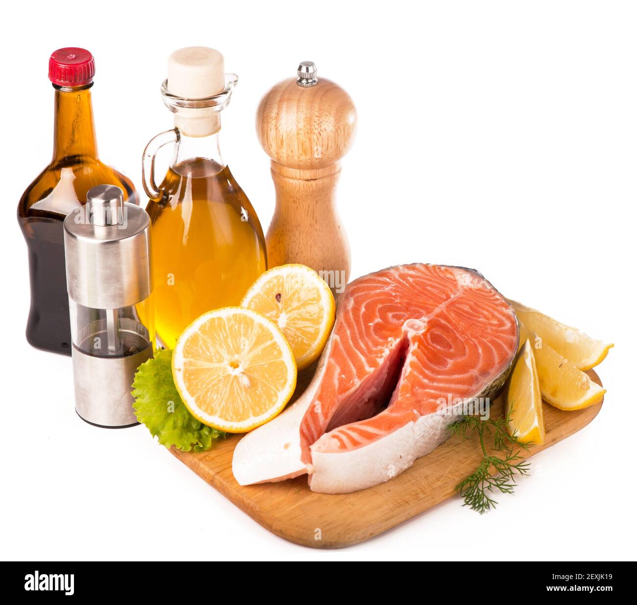 traditional asian ingredients Fresh salmon steak filet, ginger, lemon
