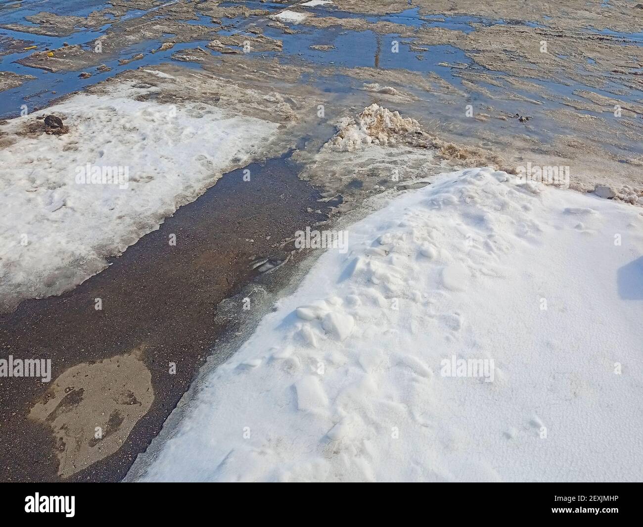 Snow melts and asphalt appears. The earth emerges from under the snow