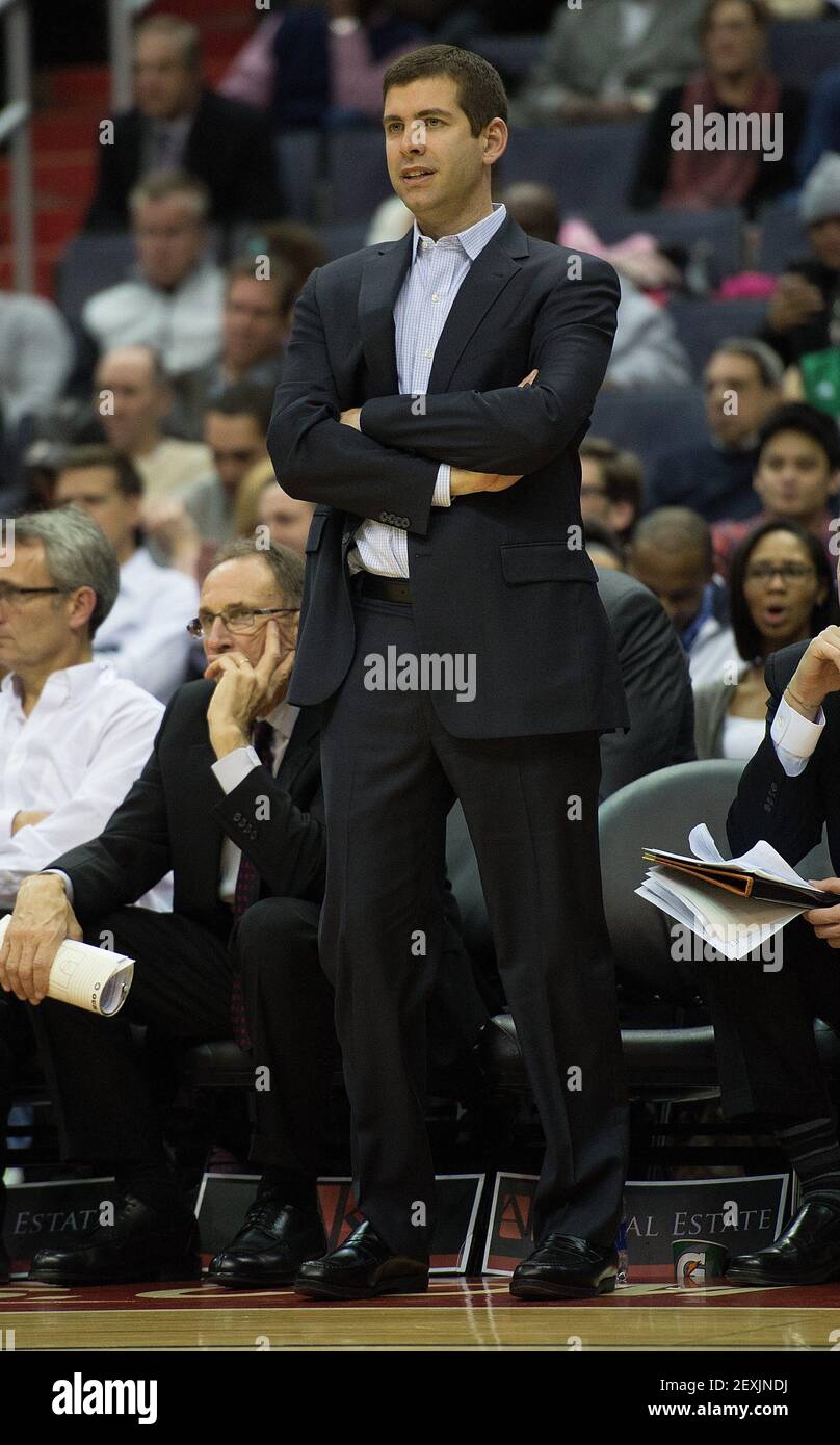 Boston Celtics head coach Brad Stevens stands on the court during the  second half of an NBA basketball game against the Washington Wizards,  Monday, Jan. 6, 2020, in Washington. The Wizards won