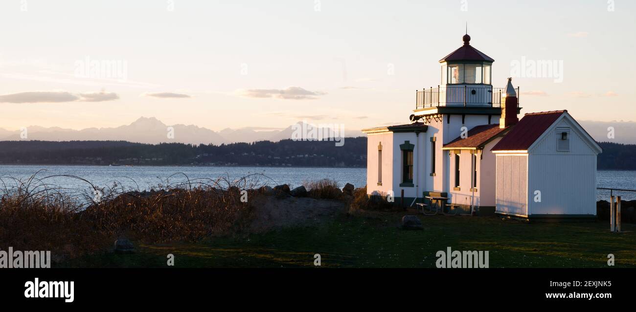 Discovery Park West Point Lighthouse Puget Sound Seattle Nautical Scene Stock Photo
