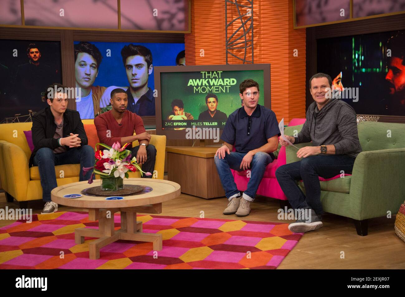 Miles Teller, Michael B. Jordan, Zac Efron and Alan Tacher are seen at  Univision's Headquarters "Despierta America" on January 24, 2014. (Photo by  Alberto E. Tamargo/Sipa USA Stock Photo - Alamy