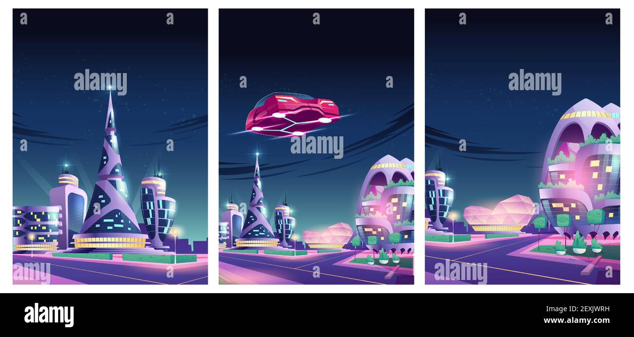 Future night city with flying car and futuristic neon glowing glass buildings Alien urban architecture skyscrapers of unusual shapes, green plants, aerial automobile. Cartoon vector illustration, set Stock Vector
