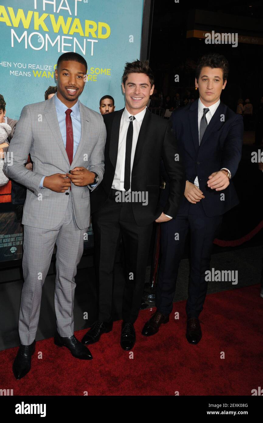 L-R: Michael B. Jordan, Zac Efron, Miles Teller attends That Awkward Moment  Los Angeles Premiere, held at the Regal Cinemas L.A. Live Stadium 14 in Los  Angeles, California, Monday, January 27, 2014. (