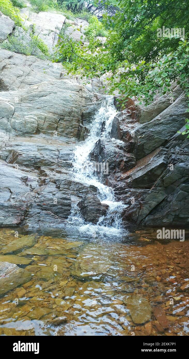 Something Falling Down Rocks Beautiful scene of water falling down rocks in the forest Stock Photo ...