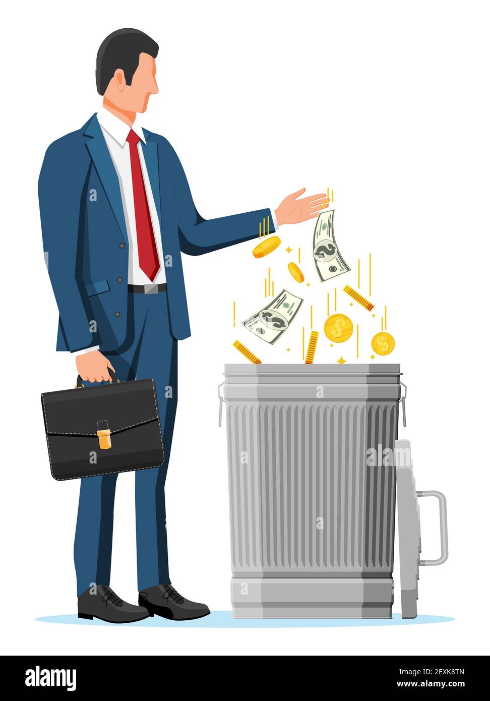 Businessman putting golden coins and dollar bills in trash. Garbage waste investment. Losing or wasting money, overspending, bankruptcy or crisis. Vector illustration in flat style Stock Vector