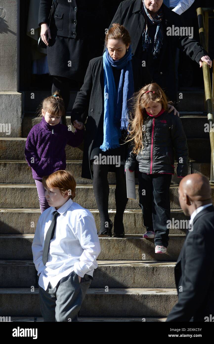 Mimi O Donnell Blue Scarf Partner Of Actor Philip Seymour Hoffman With The Couple S Children Willa Hoffman Purple And Tallulah Hoffman And Cooper Alexander Hoffman White Shirt Are Seen Leaving Funeral Service At
